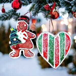 Gingerbread Man Christmas Tree & Heart Frosted Faux Cookie Ornaments Fake Bake